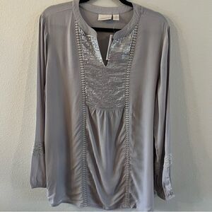 NWT Chico's Sequin Shine Tunic Gray Long Sleeve Peasant Blouse Sz 2 (large 12)